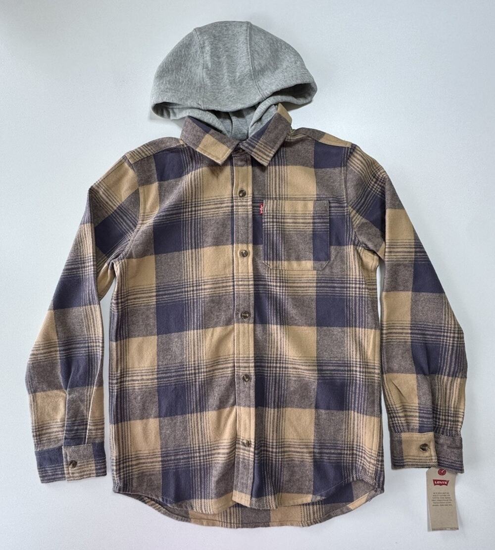 Levi Plad Flannel Button Up Long Sleeve with Hood Youth Size L 12-13 Years NWT